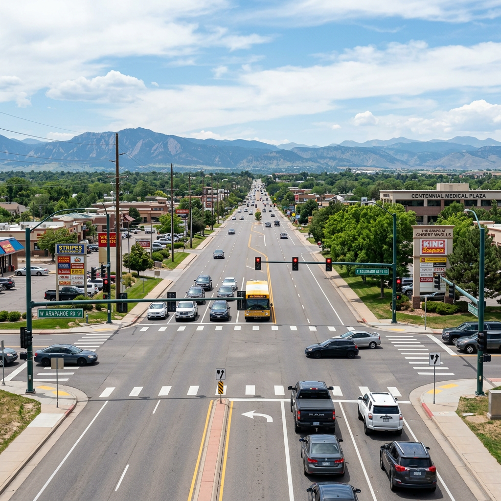 centennial, colorado streets with cars and shopping and mountains in the background
