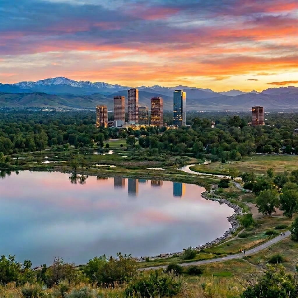 greenwood village, colorado showing cherry creek state reservoir and the denver tech center in the background
