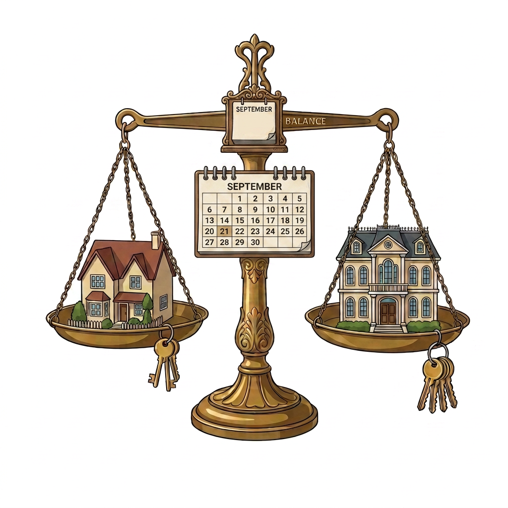 Balance scale with miniature house, moving calendar, keys, and bridge model
